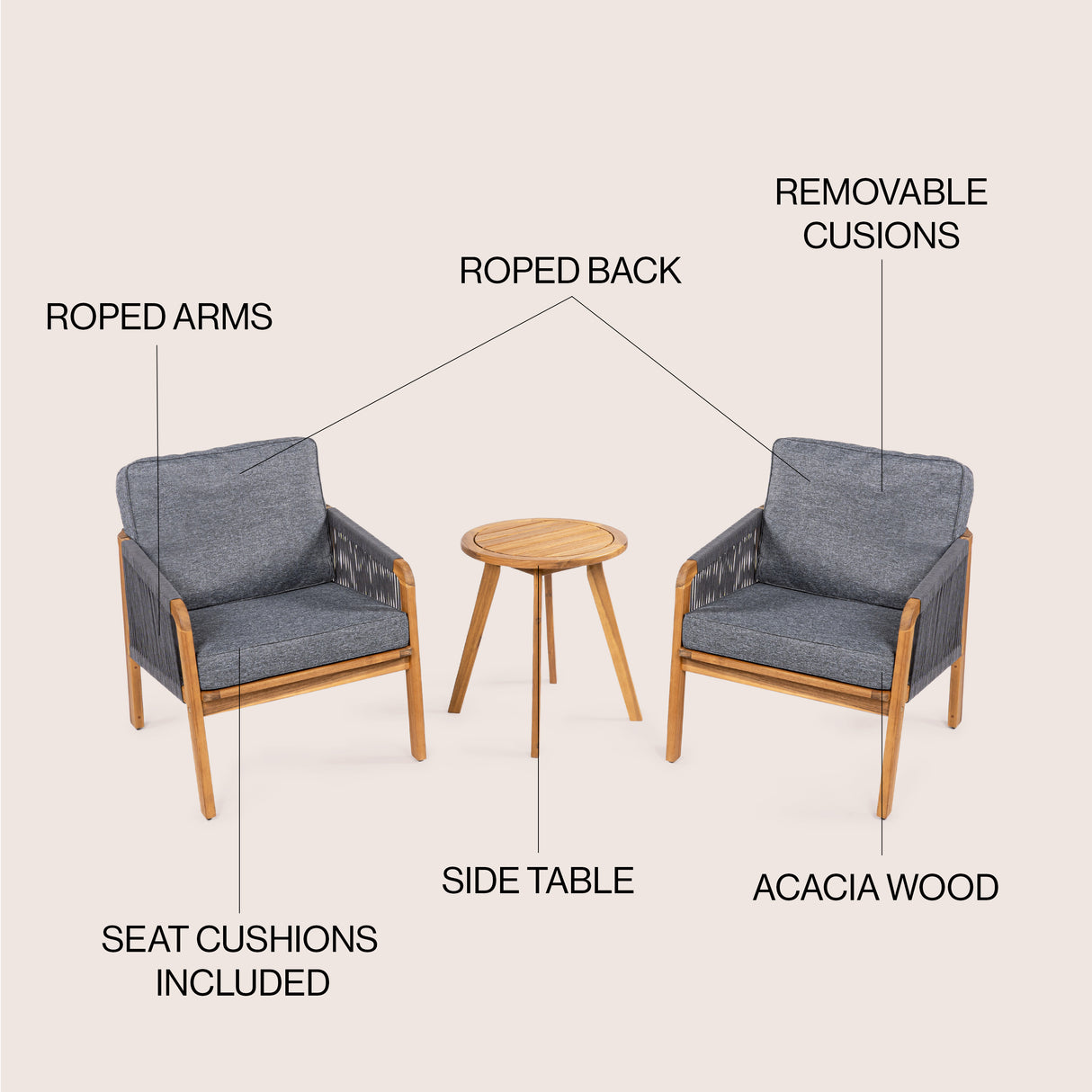 Aveiro 3-Piece Modern Bohemian Roped Acacia Wood Conversation Outdoor Patio Set with Cushions