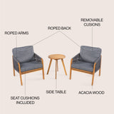 Aveiro 3-Piece Modern Bohemian Roped Acacia Wood Conversation Outdoor Patio Set with Cushions