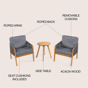 Aveiro 3-Piece Modern Bohemian Roped Acacia Wood Conversation Outdoor Patio Set with Cushions