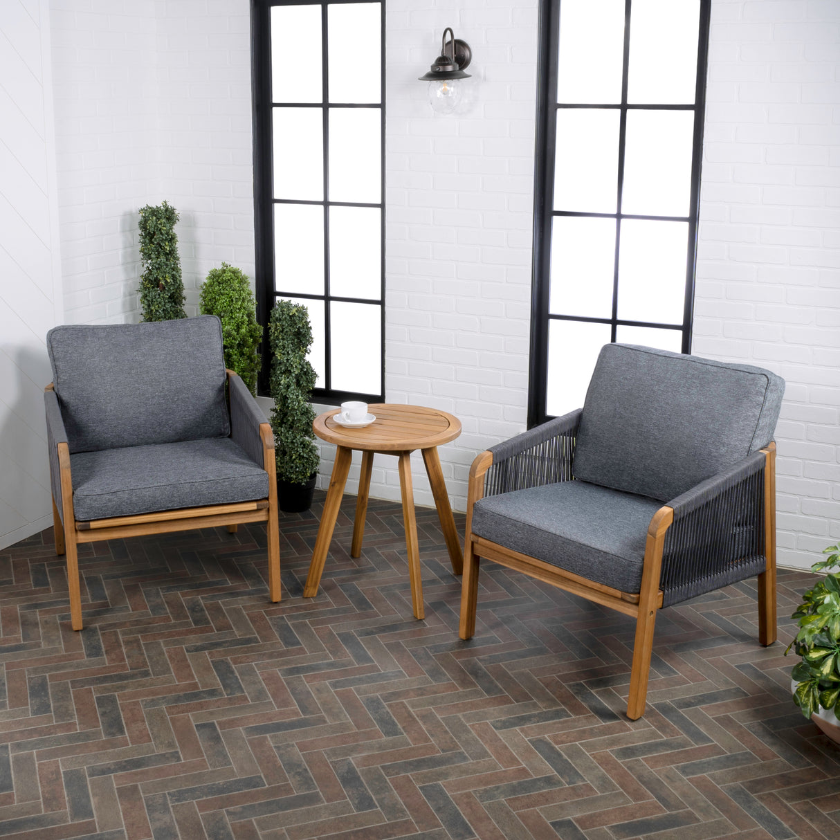 Aveiro 3-Piece Modern Bohemian Roped Acacia Wood Conversation Outdoor Patio Set with Cushions