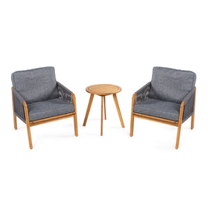 Aveiro 3-Piece Modern Bohemian Roped Acacia Wood Conversation Outdoor Patio Set with Cushions