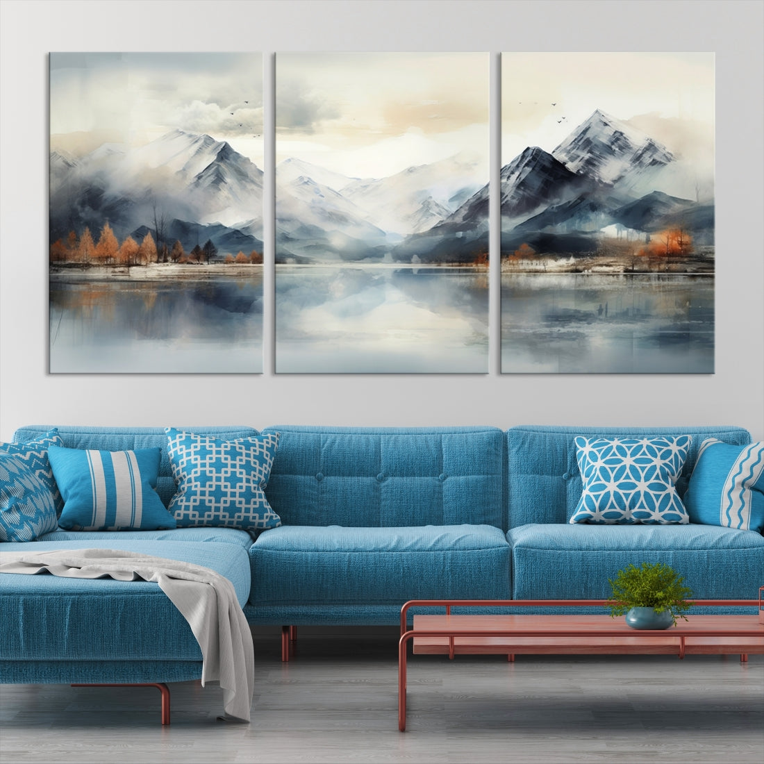 Lake Mountain Abstract Wall Art, Framed Lake Mountain Modern