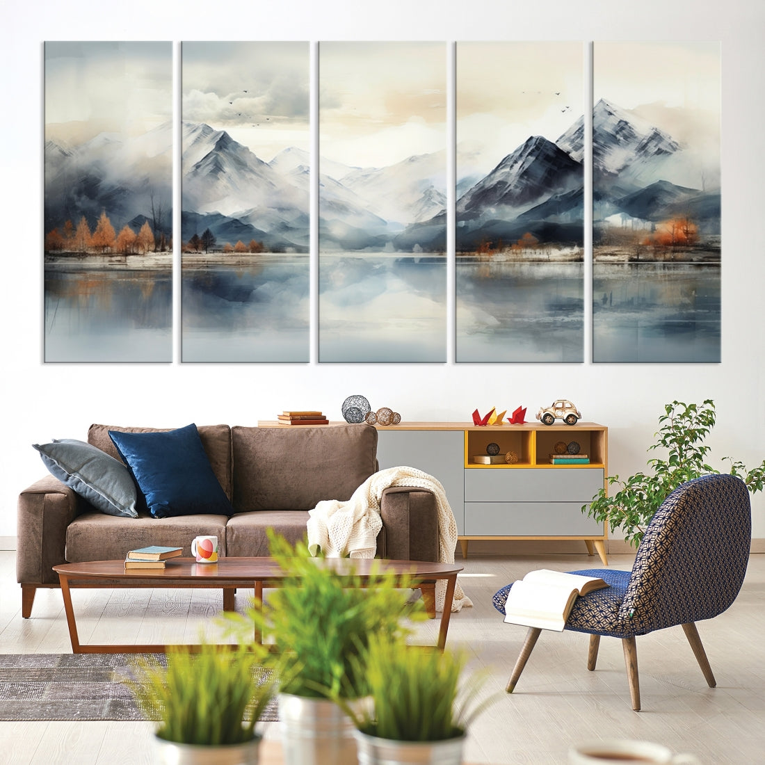 Lake Mountain Abstract Wall Art, Framed Lake Mountain Modern