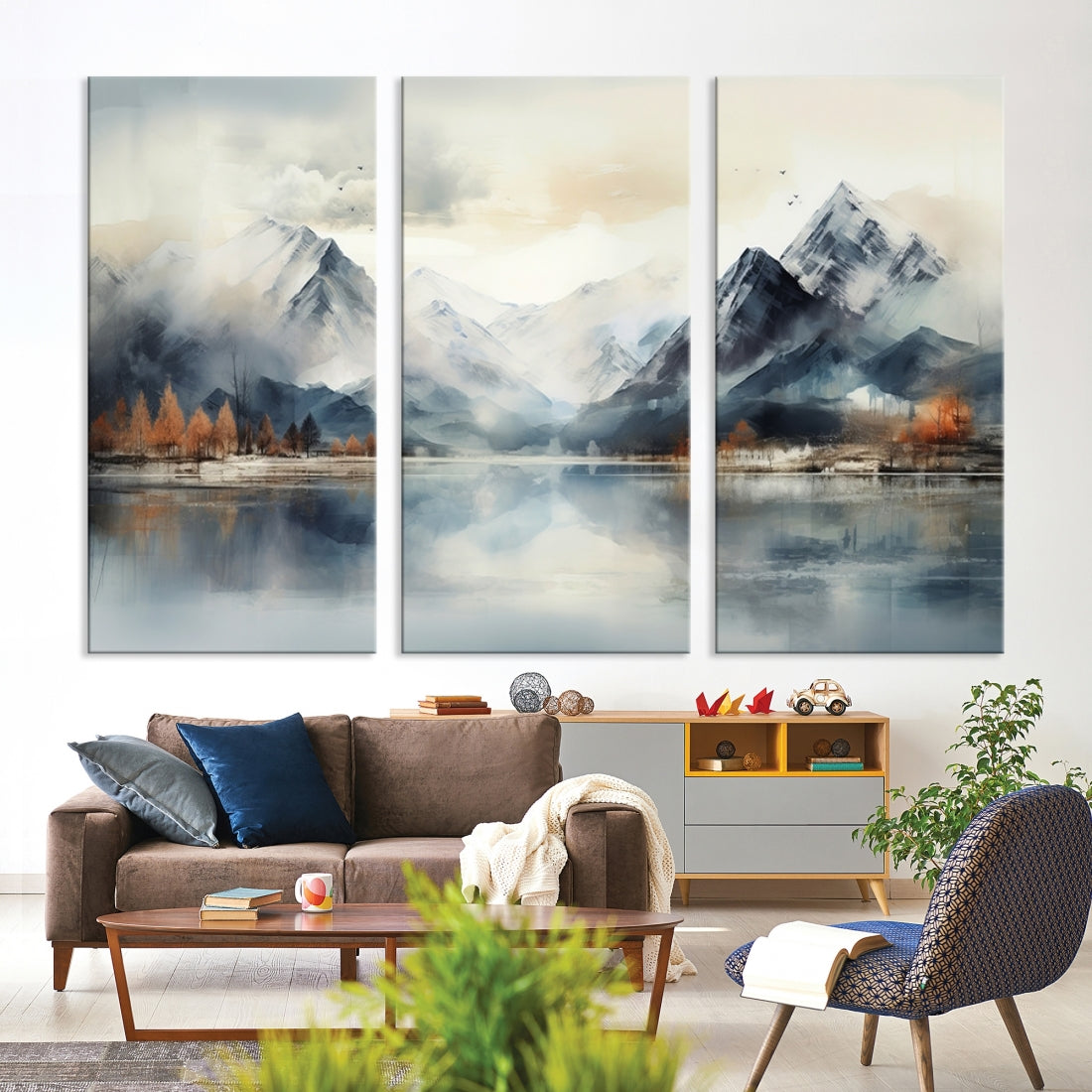 Lake Mountain Abstract Wall Art, Framed Lake Mountain Modern