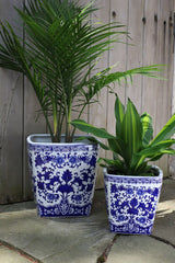 Camellia Square Ceramic Planter – 14" Vintage Floral Design
