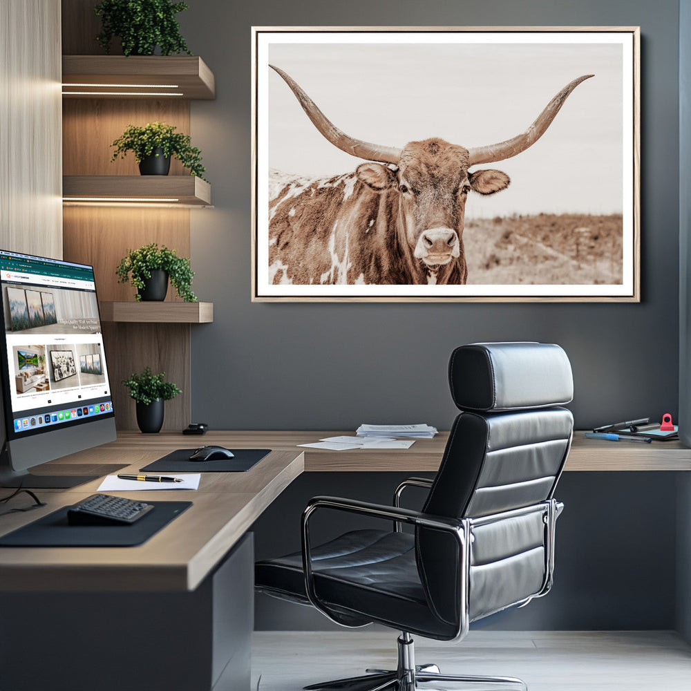 Longhorn Bull Wall Art Canvas Print – Framed Rustic Cow