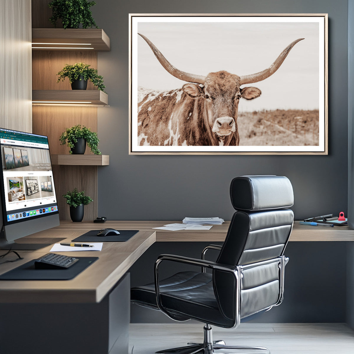 Longhorn Bull Wall Art Canvas Print – Framed Rustic Cow