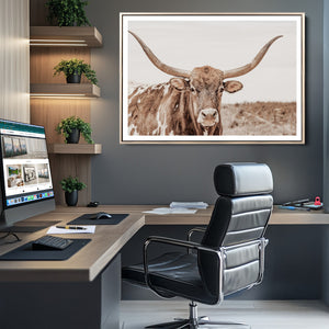 Longhorn Bull Wall Art Canvas Print – Framed Rustic Cow