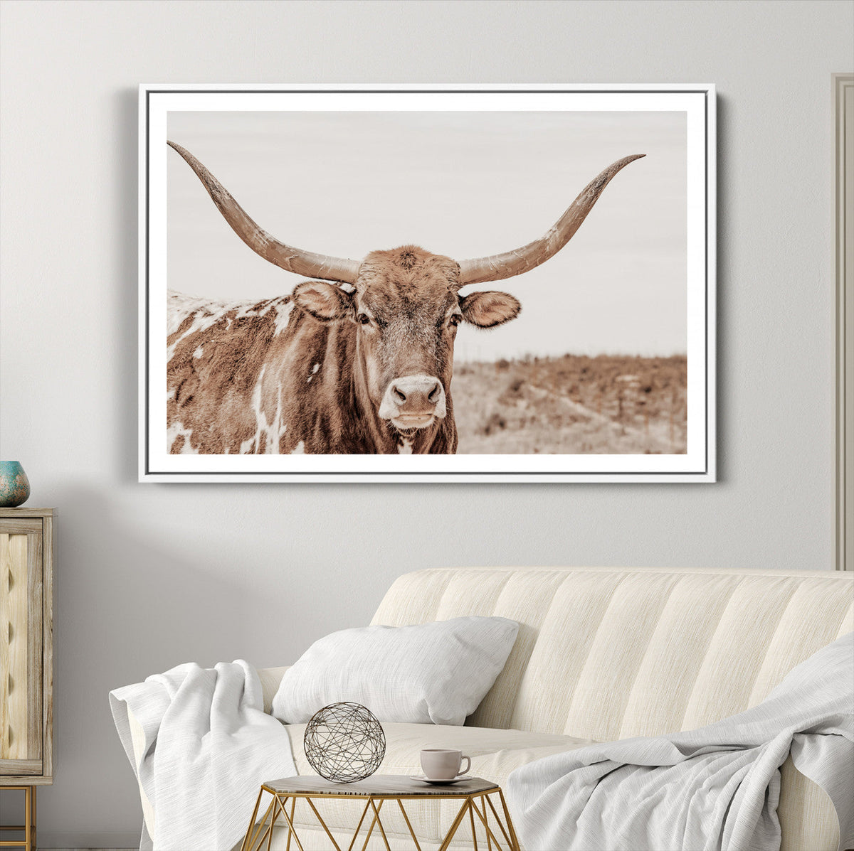 Longhorn Bull Wall Art Canvas Print – Framed Rustic Cow