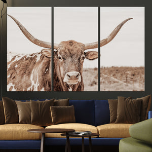 Longhorn Bull Wall Art Canvas Print – Framed Rustic Cow