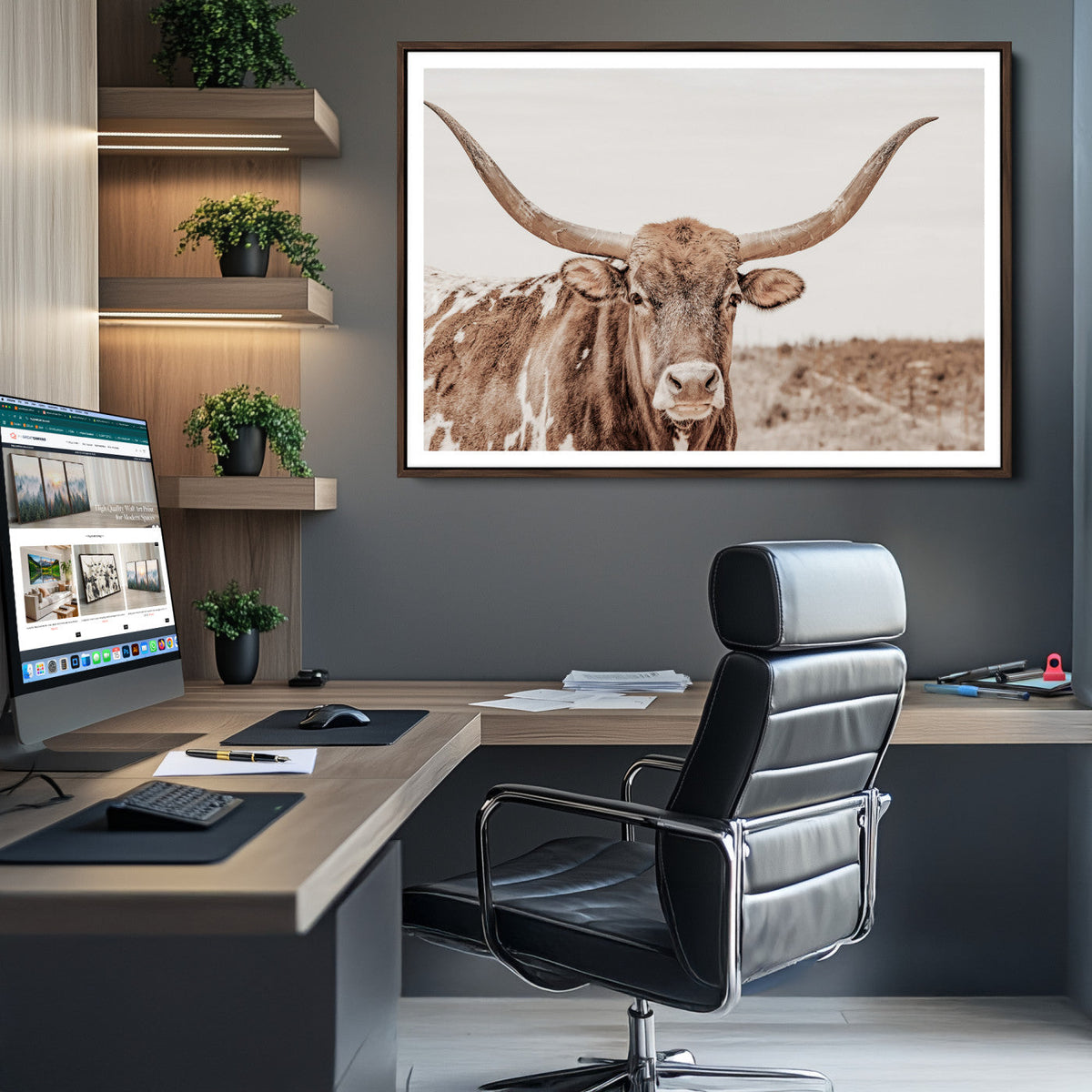 Longhorn Bull Wall Art Canvas Print – Framed Rustic Cow