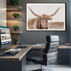 Longhorn Bull Wall Art Canvas Print – Framed Rustic Cow