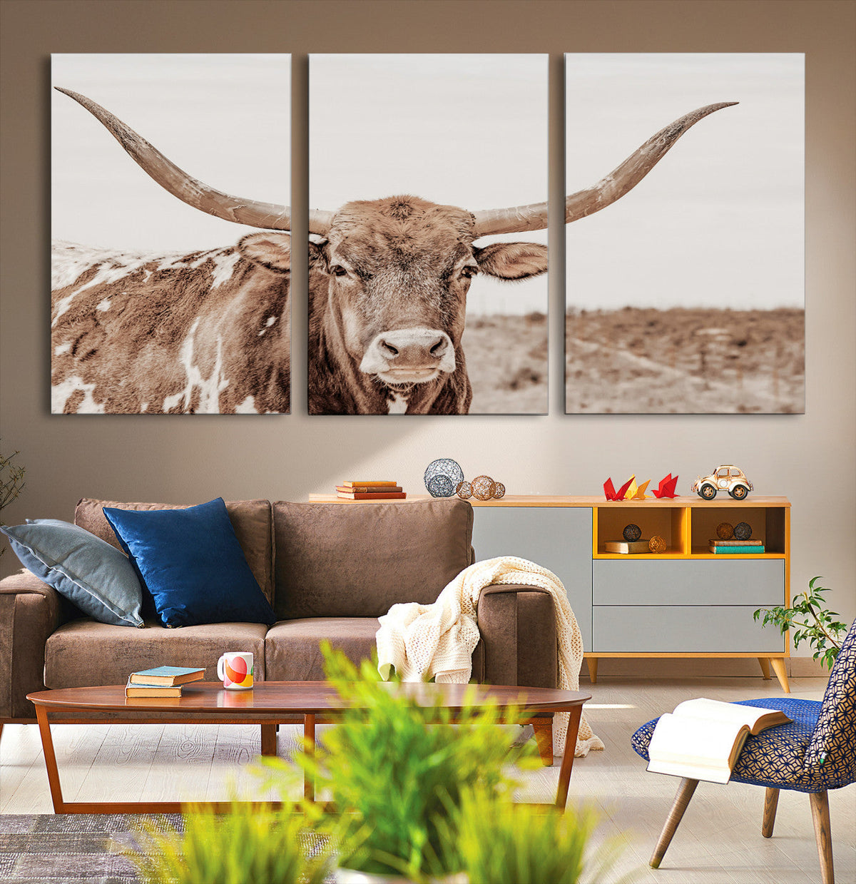 Longhorn Bull Wall Art Canvas Print – Framed Rustic Cow