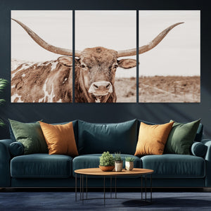 Longhorn Bull Wall Art Canvas Print – Framed Rustic Cow
