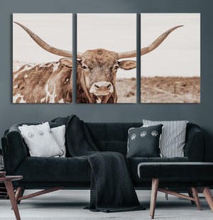Longhorn Bull Wall Art Canvas Print – Framed Rustic Cow