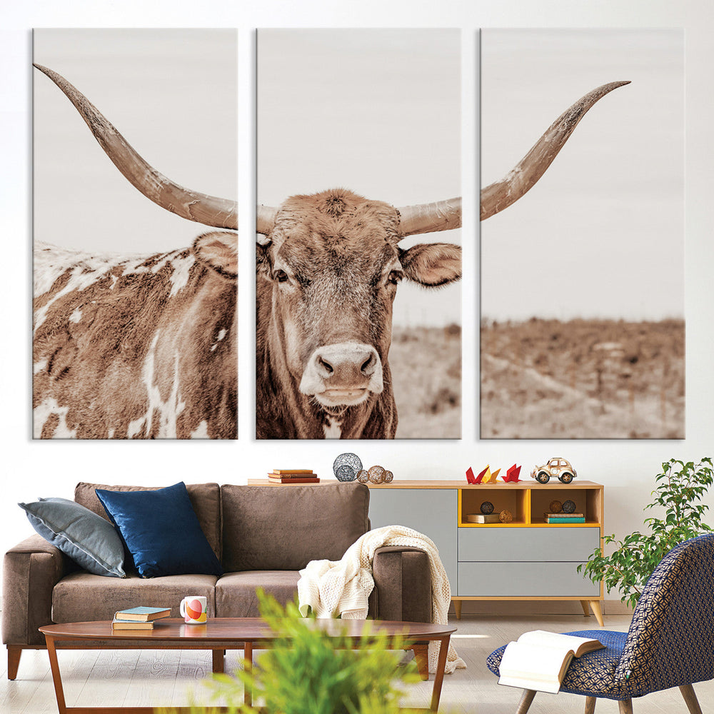 Longhorn Bull Wall Art Canvas Print – Framed Rustic Cow