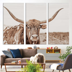 Longhorn Bull Wall Art Canvas Print – Framed Rustic Cow