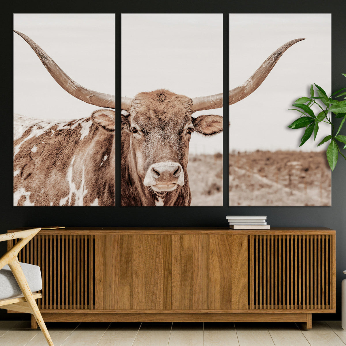 Longhorn Bull Wall Art Canvas Print – Framed Rustic Cow