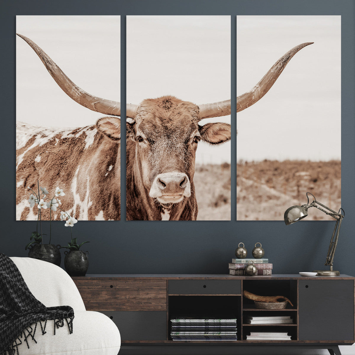 Longhorn Bull Wall Art Canvas Print – Framed Rustic Cow