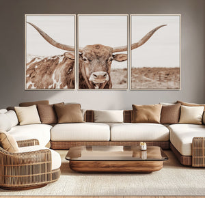 Longhorn Bull Wall Art Canvas Print – Framed Rustic Cow