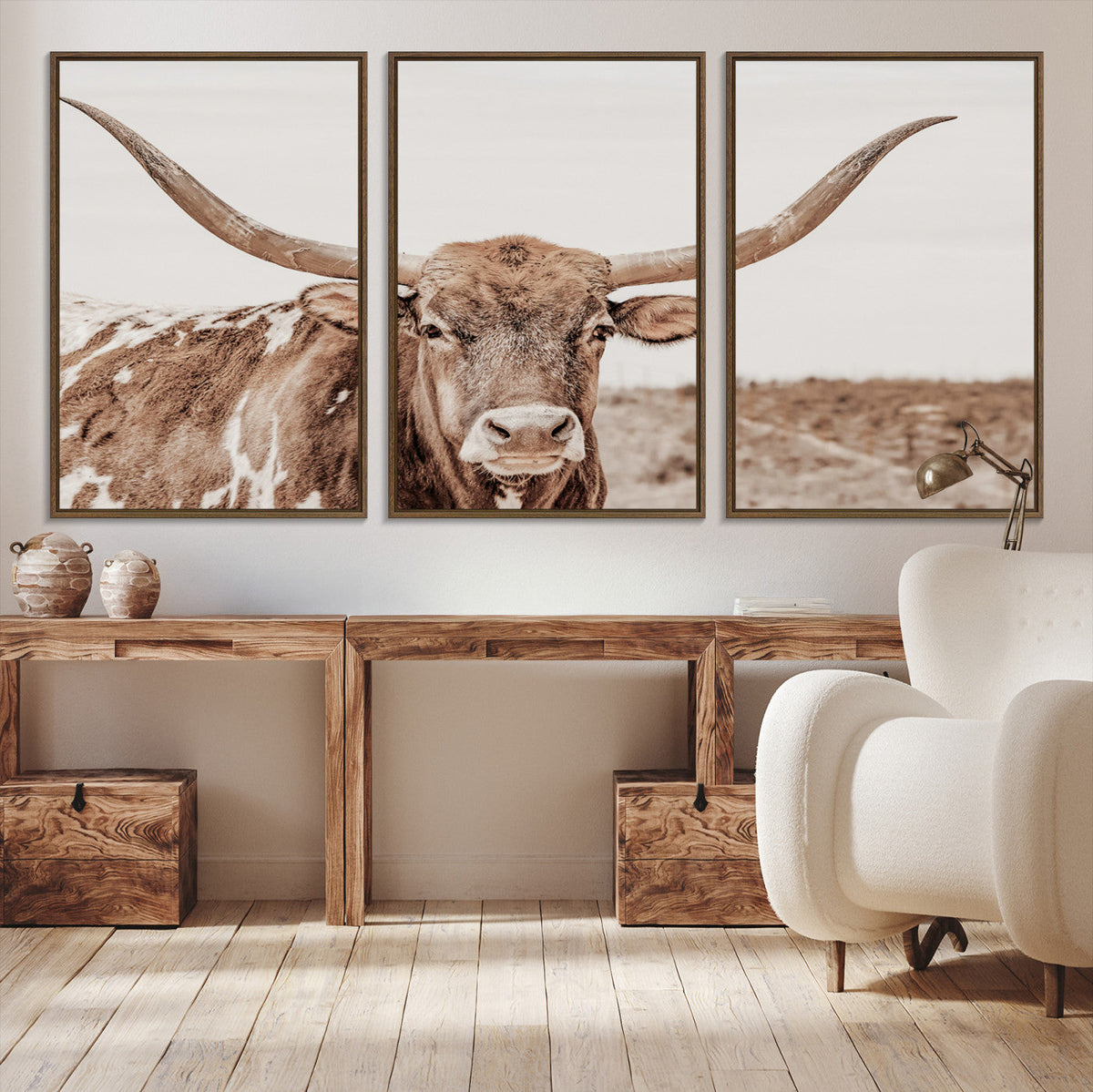 Longhorn Bull Wall Art Canvas Print – Framed Rustic Cow