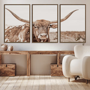 Longhorn Bull Wall Art Canvas Print – Framed Rustic Cow