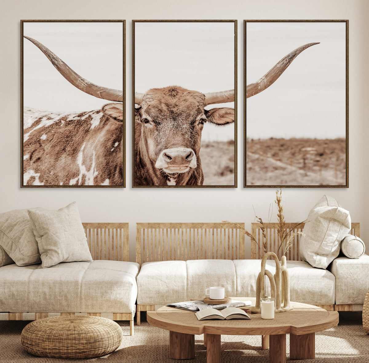 Longhorn Bull Wall Art Canvas Print – Framed Rustic Cow