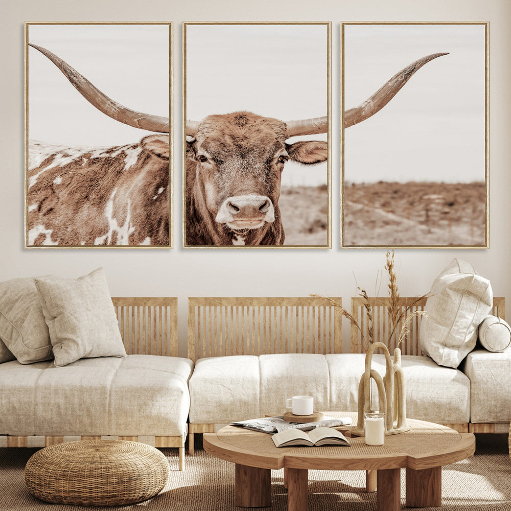 Longhorn Bull Wall Art Canvas Print – Framed Rustic Cow
