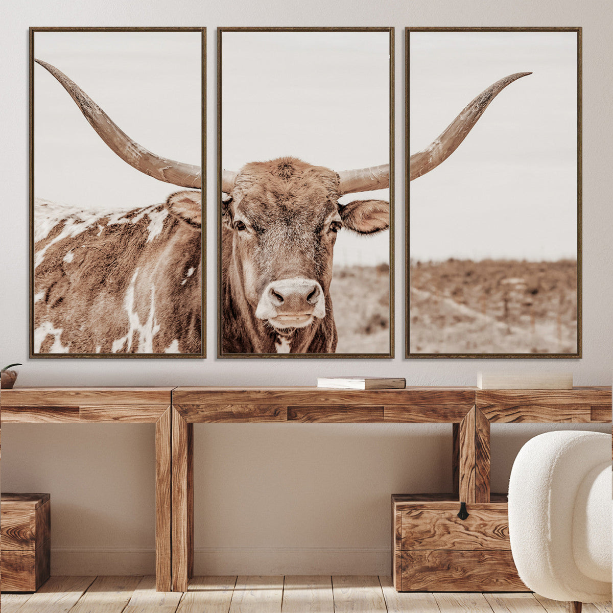 Longhorn Bull Wall Art Canvas Print – Framed Rustic Cow