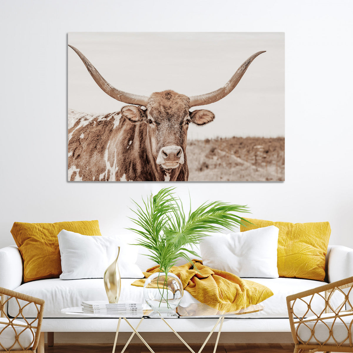 Longhorn Bull Wall Art Canvas Print – Framed Rustic Cow