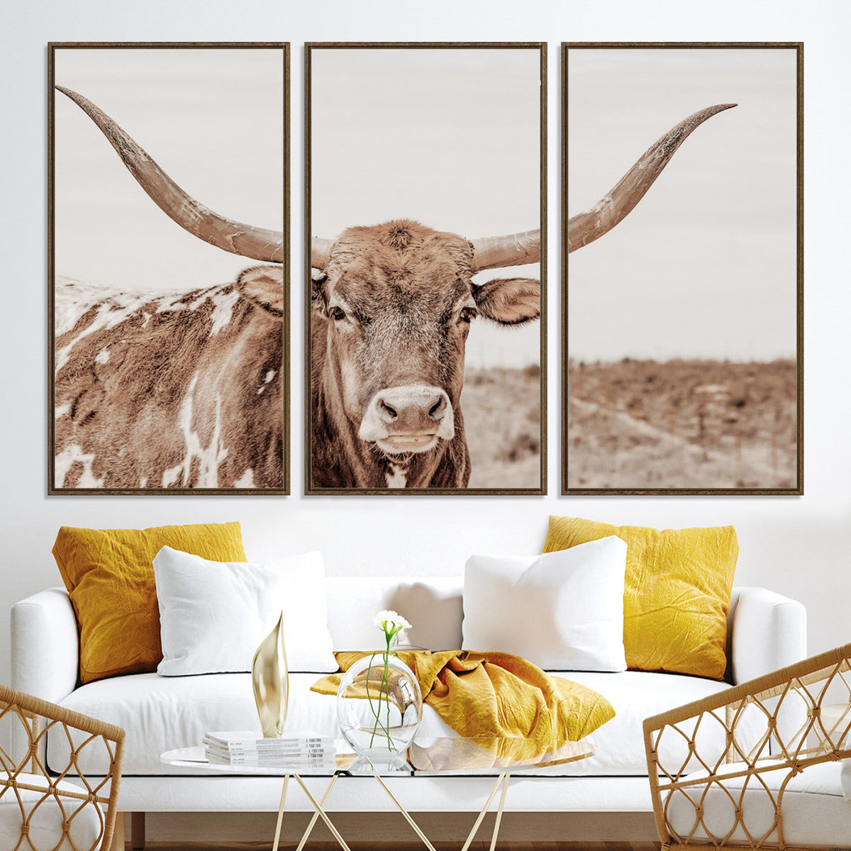 Longhorn Bull Wall Art Canvas Print – Framed Rustic Cow