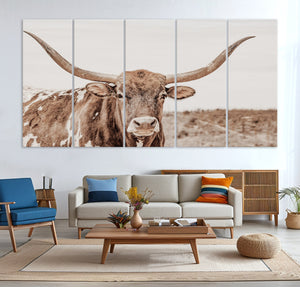 Longhorn Bull Wall Art Canvas Print – Framed Rustic Cow