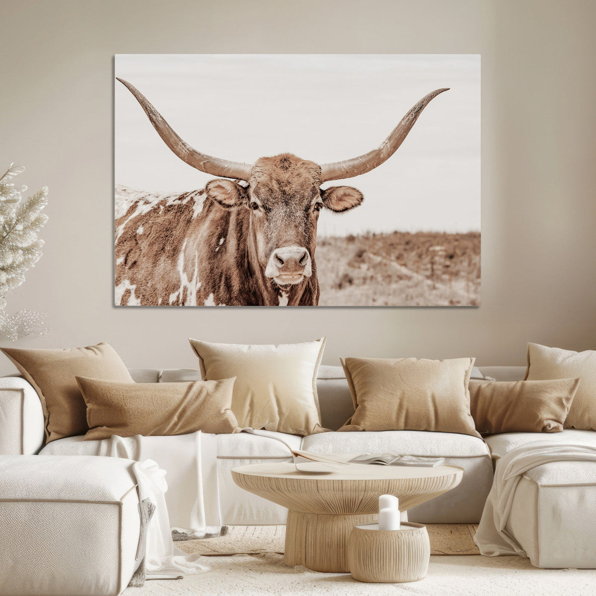 Longhorn Bull Wall Art Canvas Print – Framed Rustic Cow