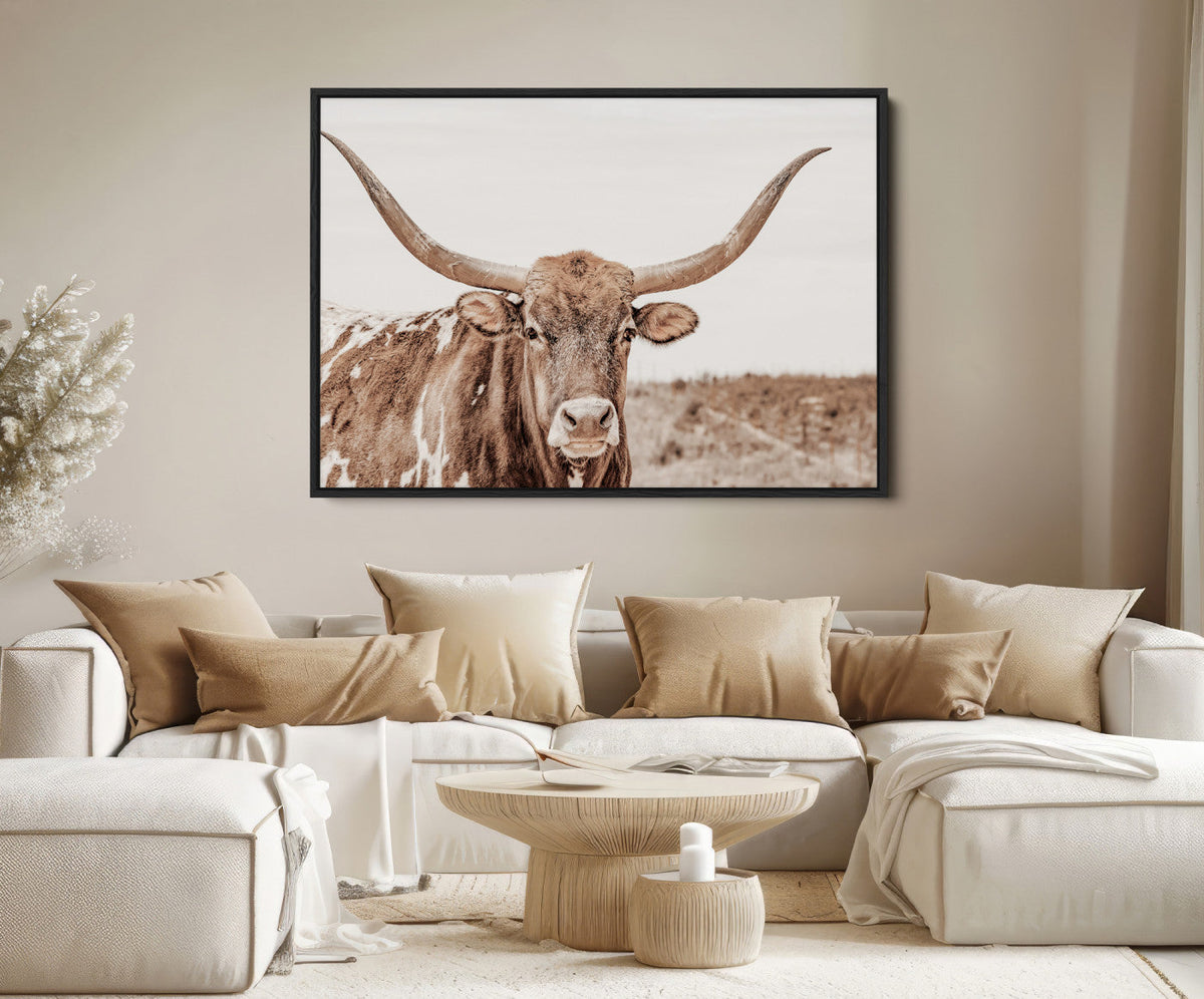 Longhorn Bull Wall Art Canvas Print – Framed Rustic Cow