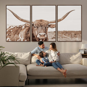 Longhorn Bull Wall Art Canvas Print – Framed Rustic Cow