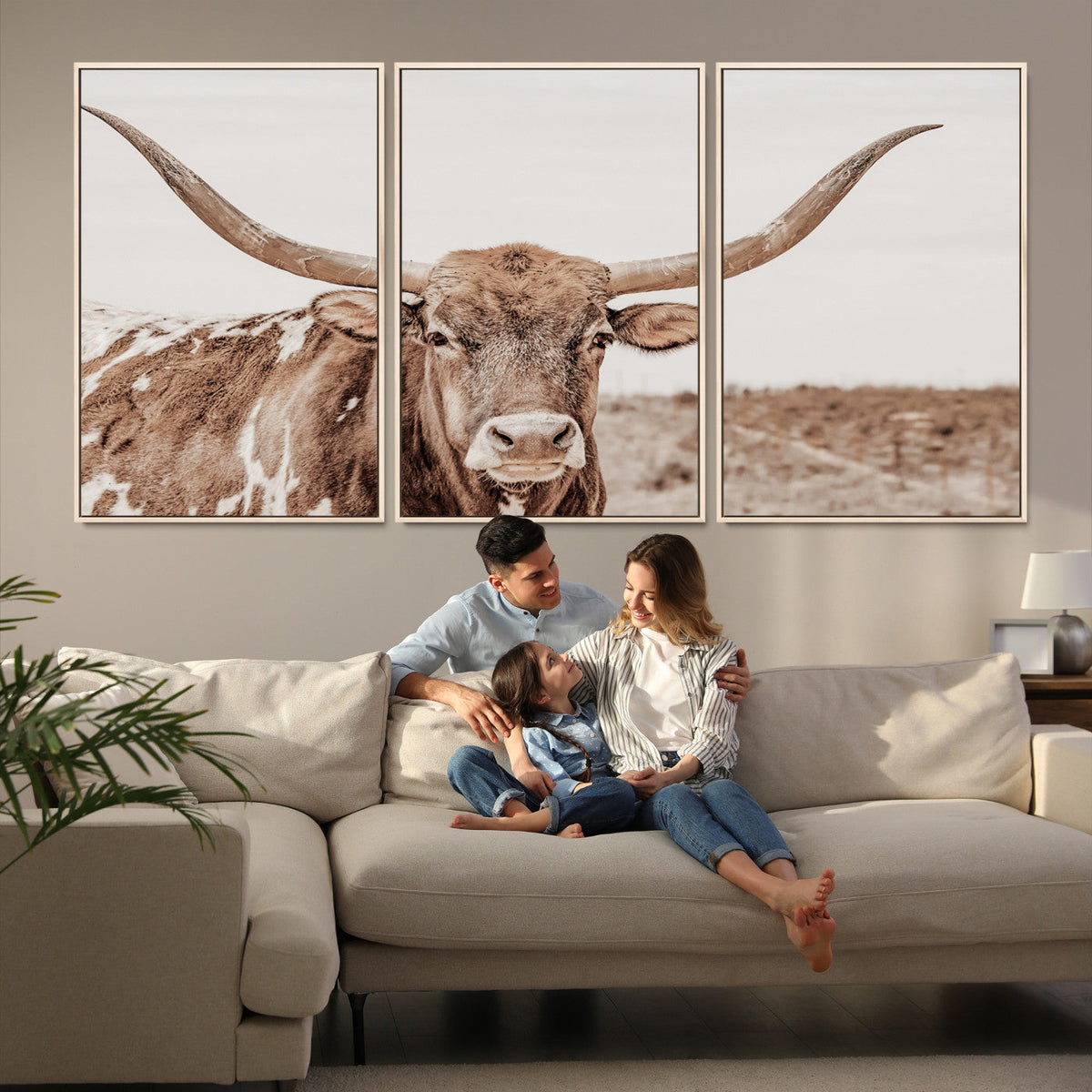 Longhorn Bull Wall Art Canvas Print – Framed Rustic Cow