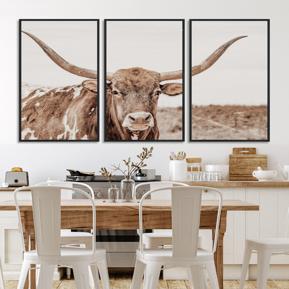 Longhorn Bull Wall Art Canvas Print – Framed Rustic Cow