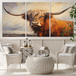 Longhorn Highland Cow Canvas Wall Art Print – Rustic