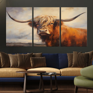 Longhorn Highland Cow Canvas Wall Art Print – Rustic