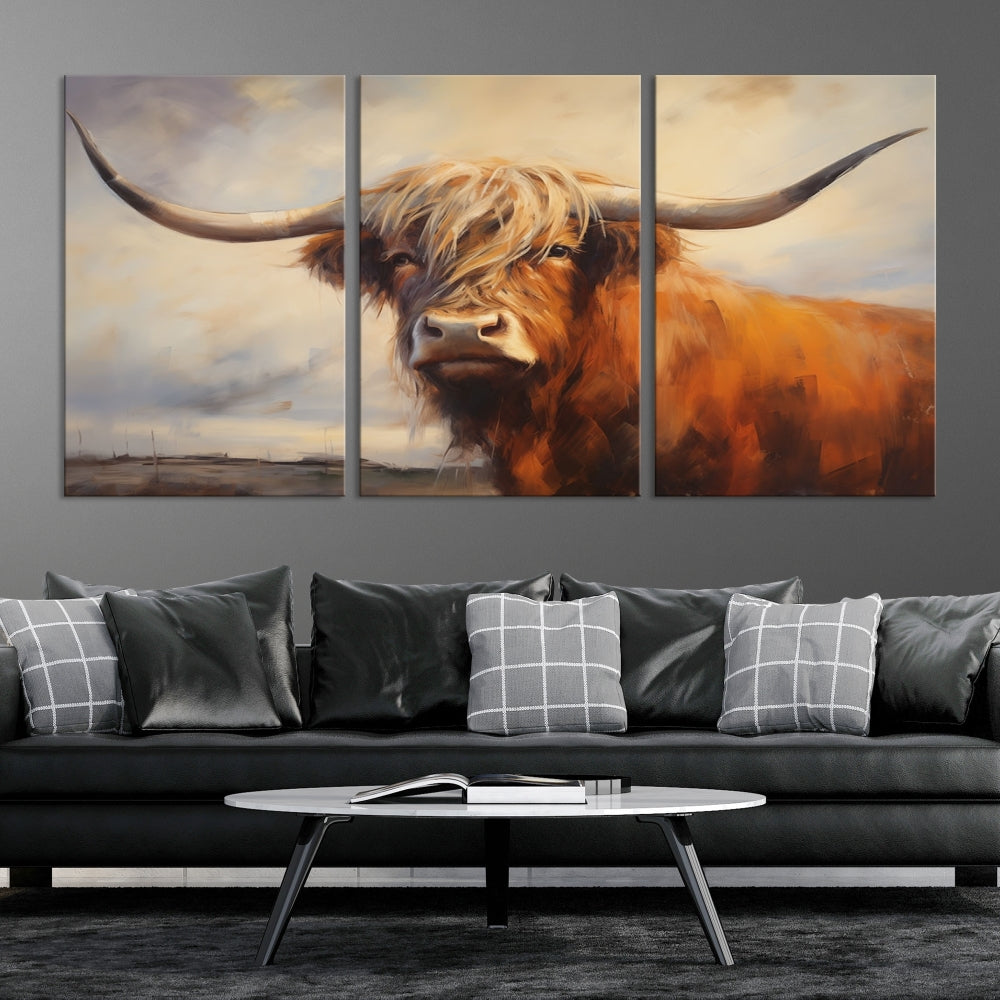 Longhorn Highland Cow Canvas Wall Art Print – Rustic