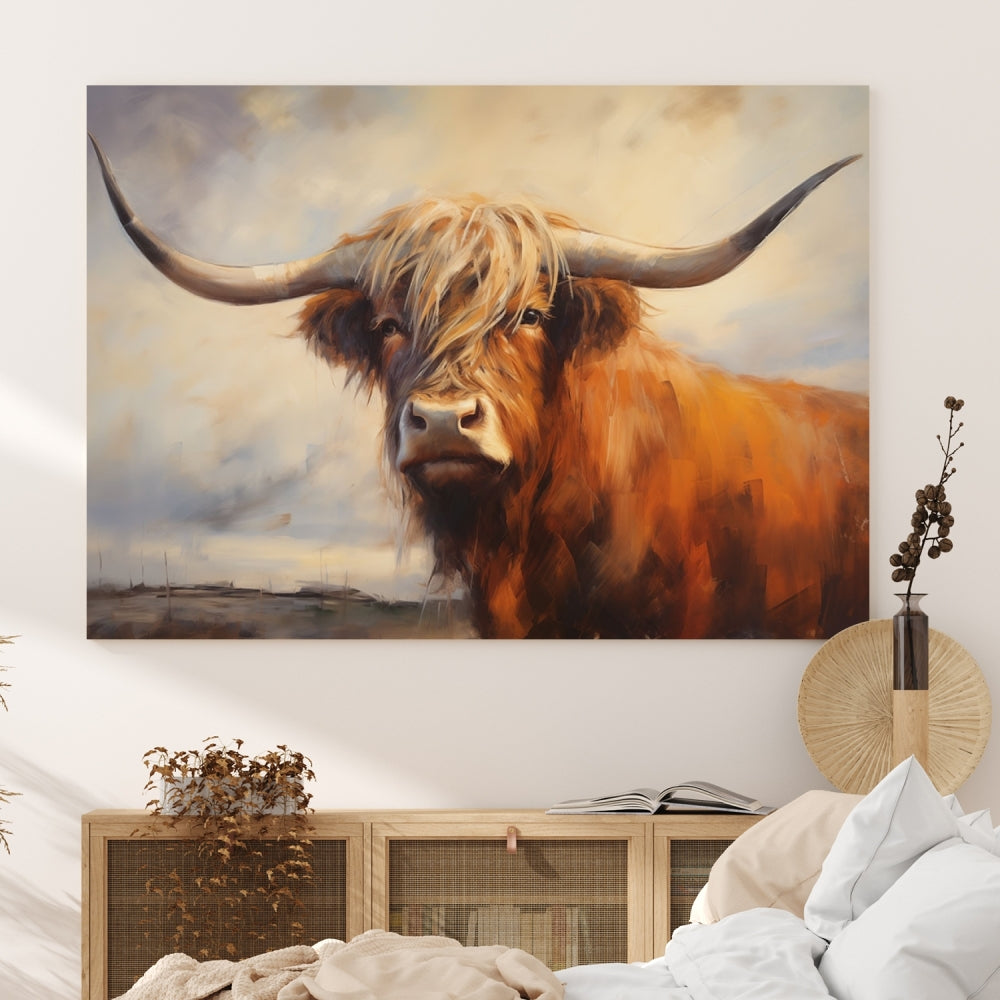 Longhorn Highland Cow Canvas Wall Art Print – Rustic