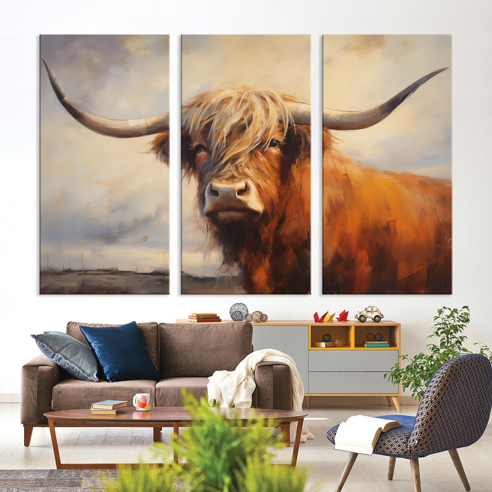 Longhorn Highland Cow Canvas Wall Art Print – Rustic