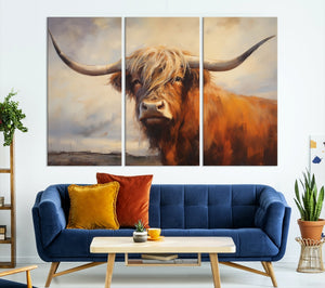 Longhorn Highland Cow Canvas Wall Art Print – Rustic