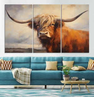 Longhorn Highland Cow Canvas Wall Art Print – Rustic