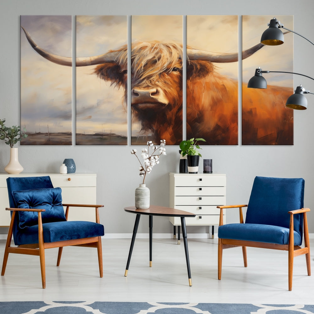 Longhorn Highland Cow Canvas Wall Art Print – Rustic