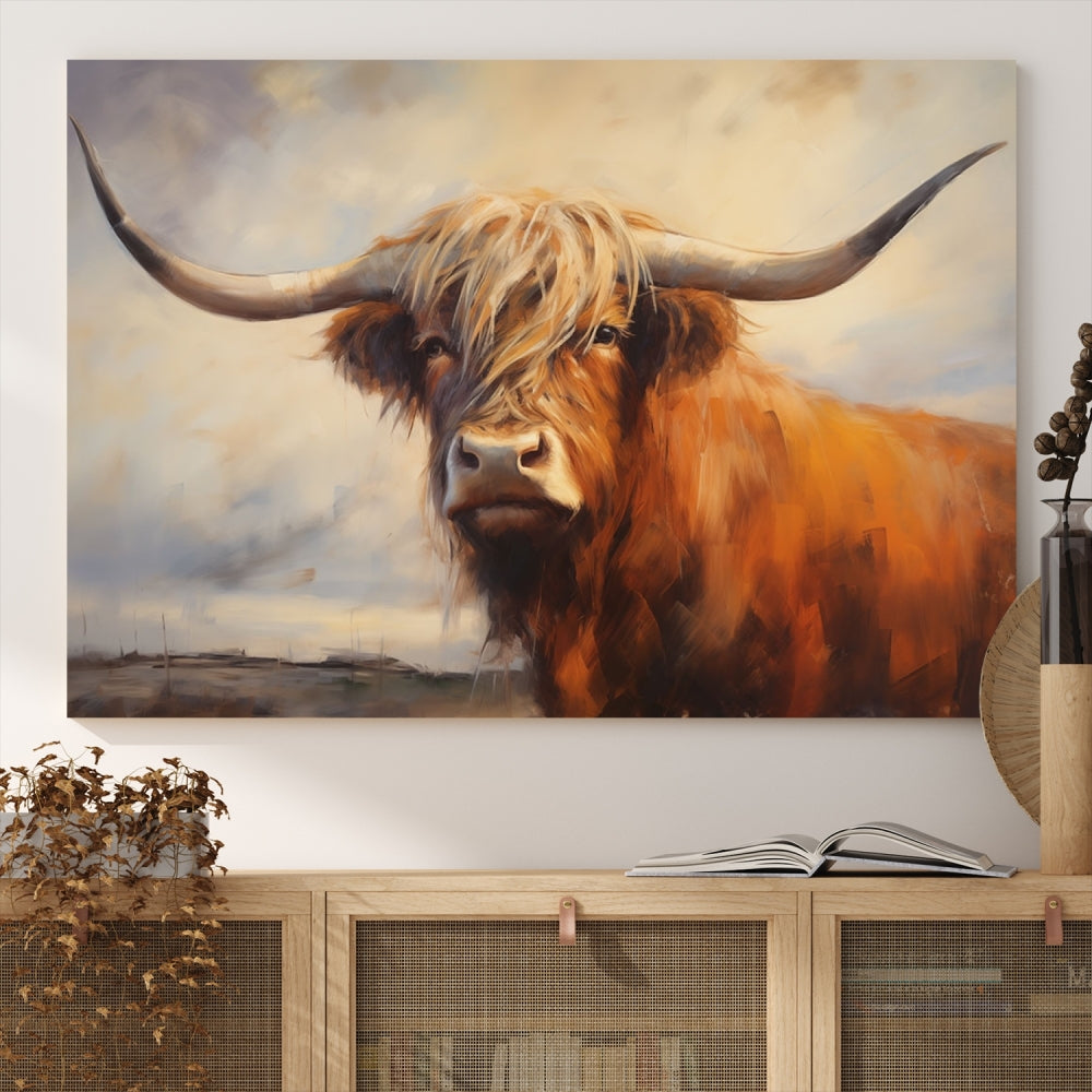 Longhorn Highland Cow Canvas Wall Art Print – Rustic