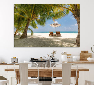 Lounge Chairs Palm Trees on Tropical Beach Canvas Wall Art