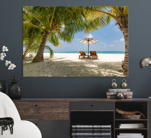 Lounge Chairs Palm Trees on Tropical Beach Canvas Wall Art