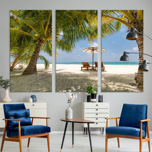 Lounge Chairs Palm Trees on Tropical Beach Canvas Wall Art