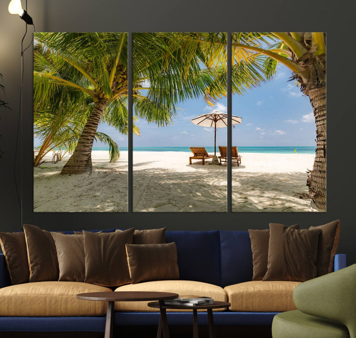 Lounge Chairs Palm Trees on Tropical Beach Canvas Wall Art